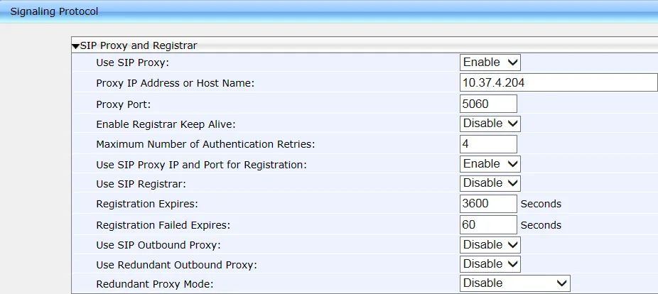 The SIP Proxy and Registrar block in the phone web interface