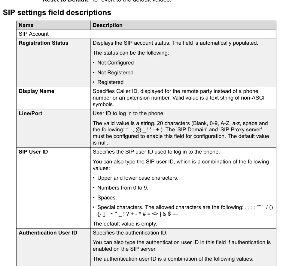 The SIP Account fields in the phone web interface