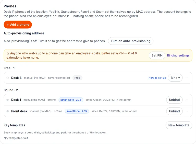 The Phones section: Free and Bound blocks, each phone with a Bind button