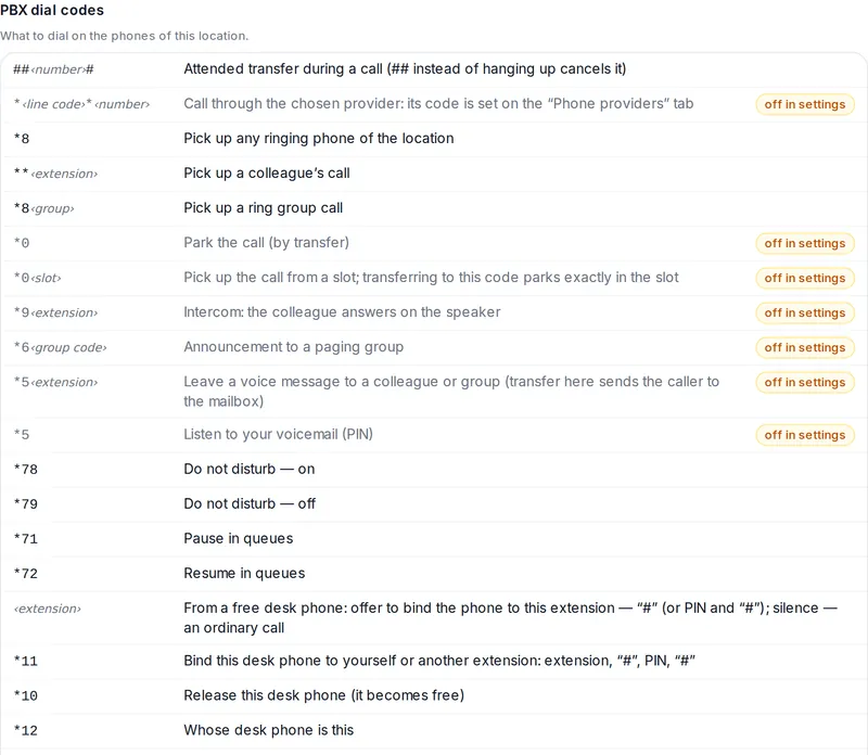 The code reference in Office: dialing an extension from a free phone, *11, *10 and *12