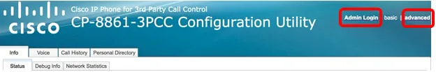 Cisco web interface header with the Admin Login and advanced buttons