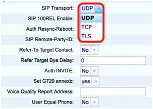 The SIP Transport drop-down with UDP, TCP and TLS