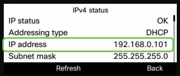 IPv4 status screen showing the Cisco phone IP address