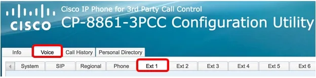 The Voice tab and the Ext 1 sub-tab in the Cisco web interface