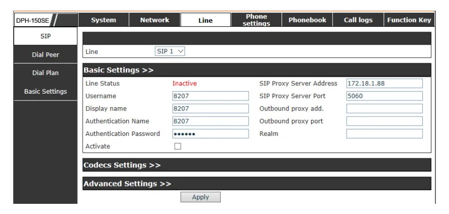 The Line → SIP page of the DPH-150S