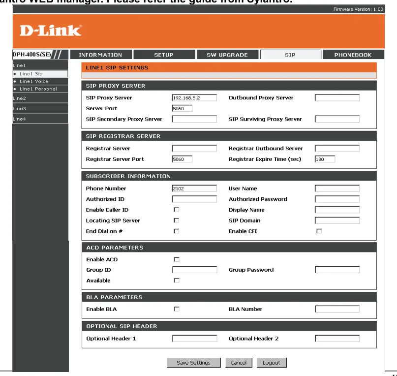 The SIP page of the DPH-400S