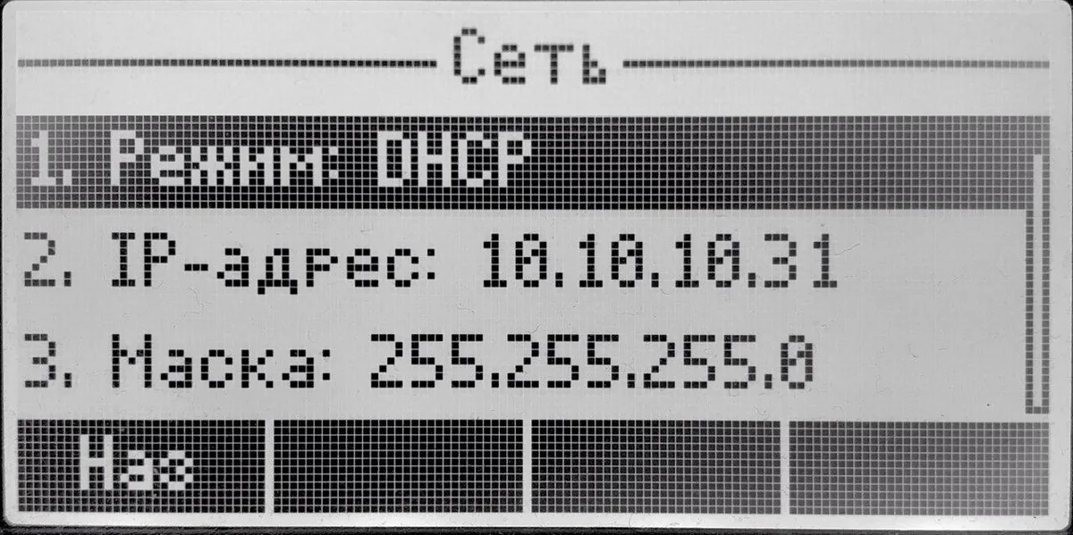 The Network status screen of an Eltex phone: DHCP mode, IP address and subnet mask