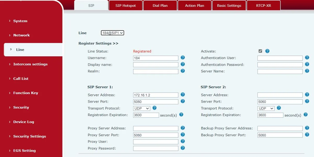 The Line → SIP page in the web interface of a Fanvil i-series door station