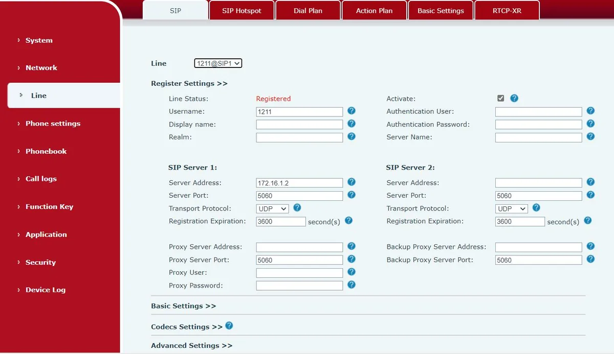 The Line → SIP page of the Fanvil web interface: Register Settings and SIP Server 1