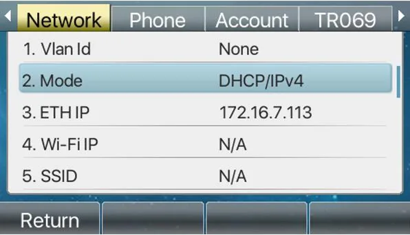 Status → Network screen on a Fanvil phone with the ETH IP line