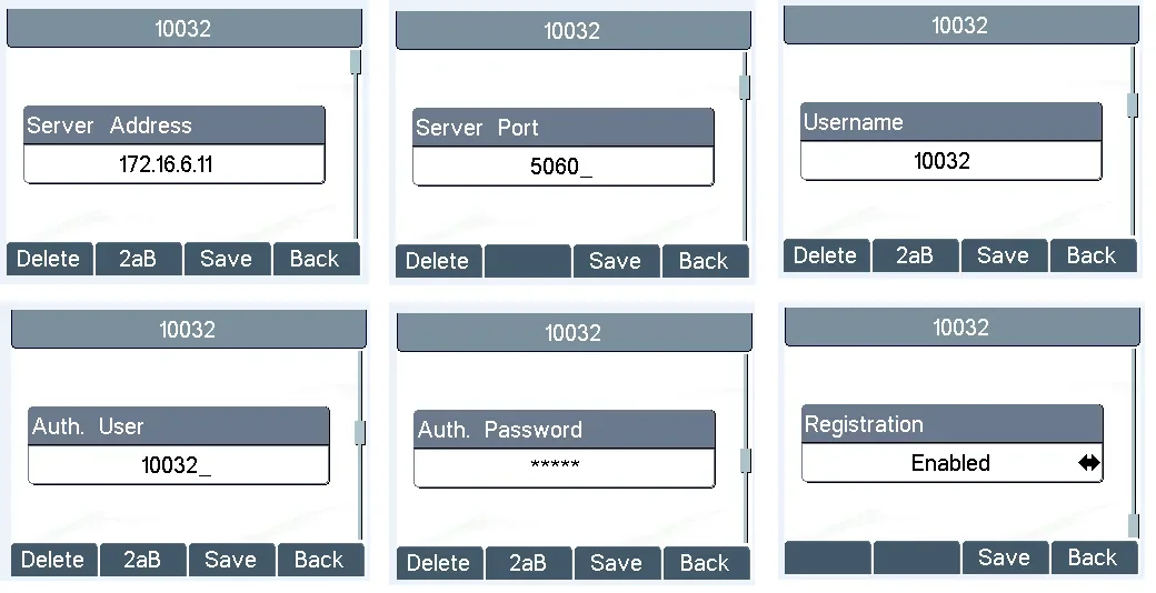 Account setup screens on the Fanvil X3S itself: Server Address, Server Port, Username, Auth. User, Auth. Password, Registration Enabled