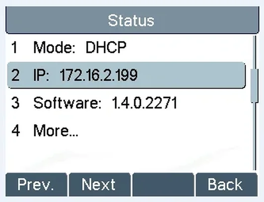 Status screen on the Fanvil X3S: 1 Mode DHCP, 2 IP 172.16.2.199, 3 Software, 4 More