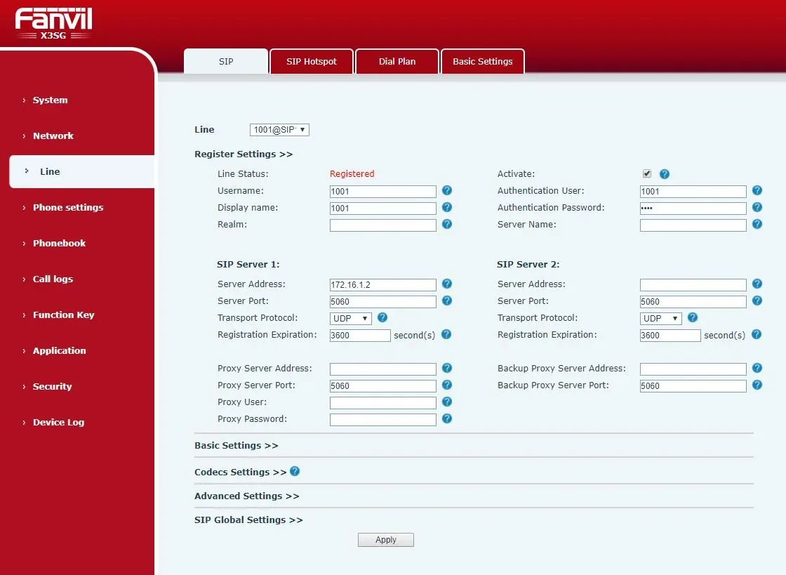 The Line → SIP page in the new Fanvil web interface (X3SG): Register Settings, Activate, Username, Authentication User and Password, SIP Server 1 with Server Address, Server Port and Transport Protocol