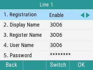 The Line 1 screen in the Flyingvoice phone menu: Registration, Display Name, Register Name, User Name, Password