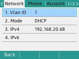 The Menu → Status → Network screen of a Flyingvoice phone with the IPv4 address line