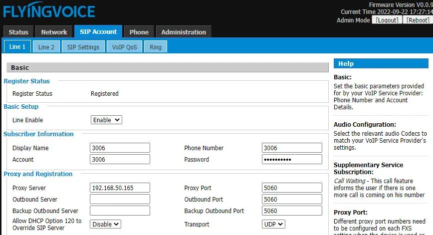 The SIP Account → Line 1 tab of the Flyingvoice web interface: Display Name, Phone Number, Account, Password, Proxy Server, Proxy Port, Transport