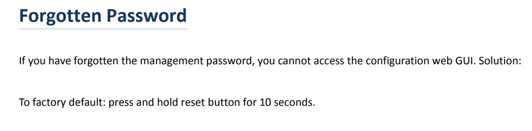 The “Forgotten Password” section of the FTA1101 guide: to factory default, press and hold the reset button for 10 seconds
