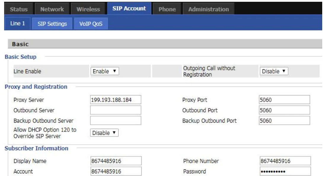 The SIP Account → Line 1 page of a Flyingvoice FTA adapter: Proxy Server, Proxy Port, Display Name, Phone Number, Account, Password