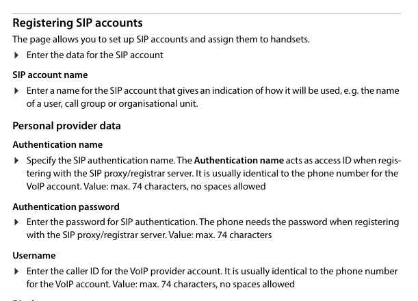 SIP account fields in the Gigaset web configurator