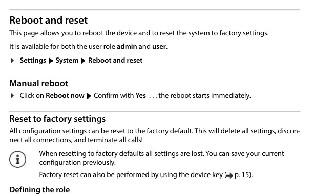 Reboot and reset page in the Gigaset web configurator