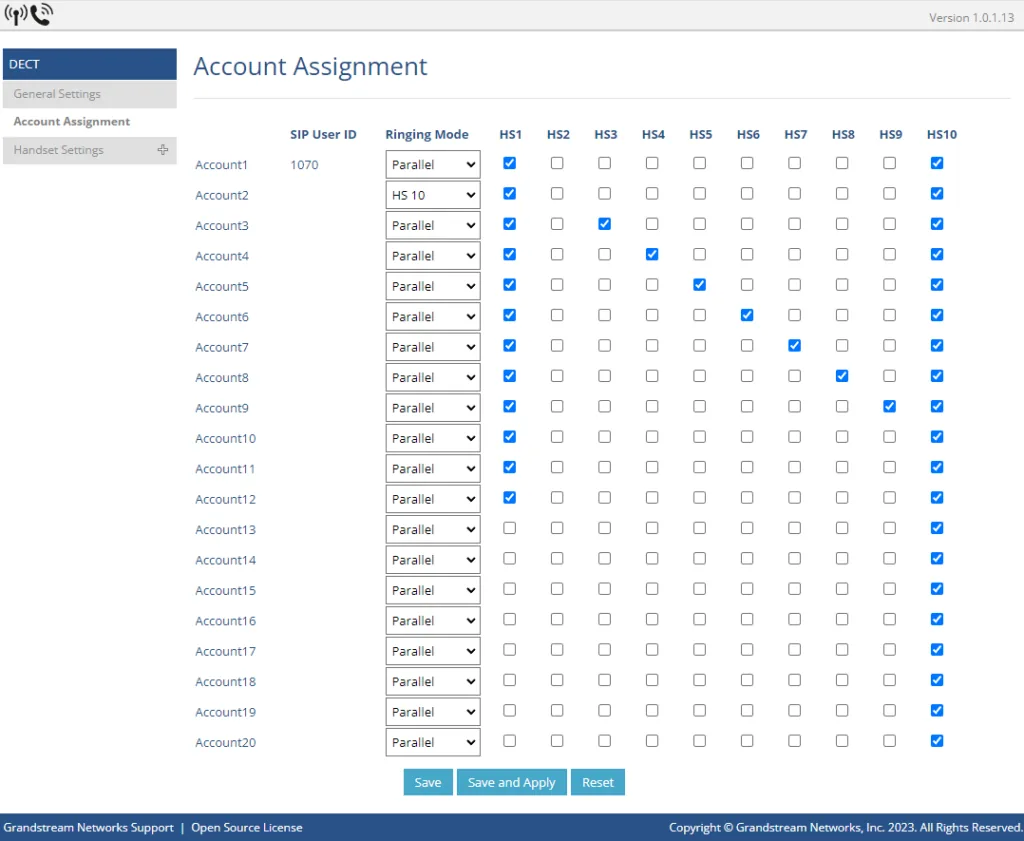 The DECT → Account Assignment page: the Account1…Account20 list, the Ringing Mode column and tick boxes for handsets HS1–HS10