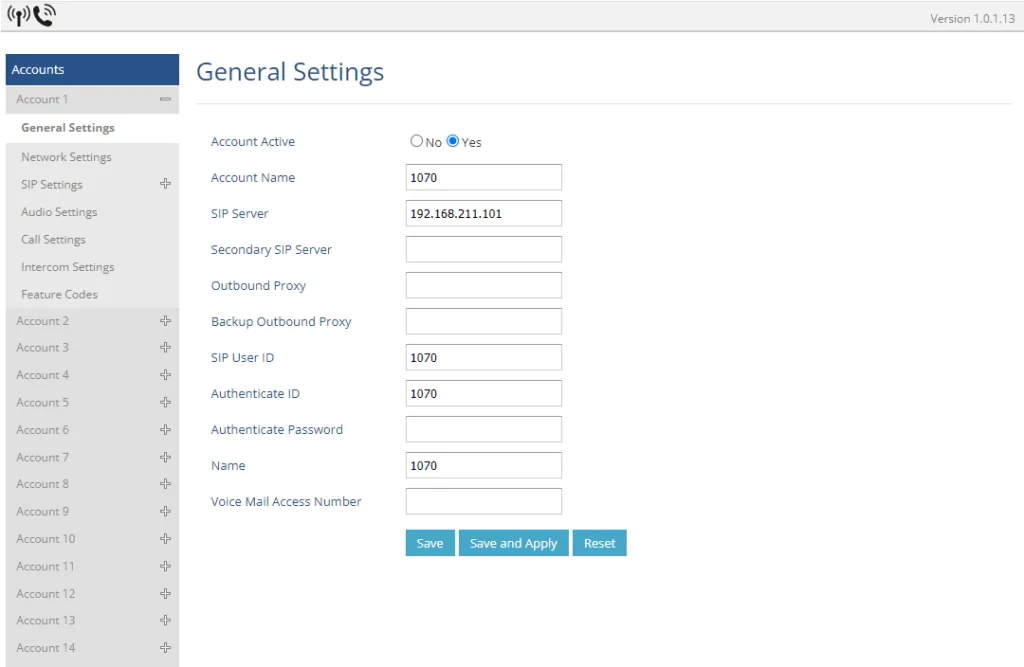 The Accounts → Account 1 → General Settings page in the DP755 web UI: Account Active, Account Name, SIP Server, SIP User ID, Authenticate ID, Authenticate Password, Name