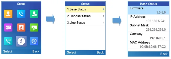 Three handset screens: the Status menu, the Base Status item, and the Base Status screen itself with firmware version, IP address, subnet mask, gateway and MAC