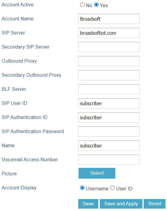 The Accounts → Account 1 → General Settings page in the Grandstream web UI: Account Active, Account Name, SIP Server, SIP User ID, SIP Authentication ID, SIP Authentication Password, Name