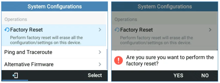GRP26xx screen: System Configurations → Operations → Factory Reset and the confirmation “Are you sure you want to perform the factory reset?” with YES and NO keys