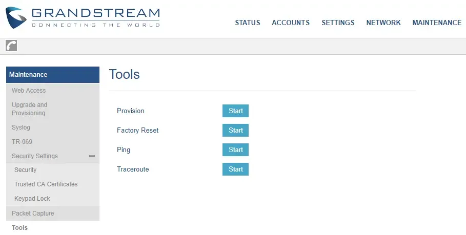 The Maintenance → Tools page in the GRP26xx web UI: Start buttons next to Provision, Factory Reset, Ping and Traceroute