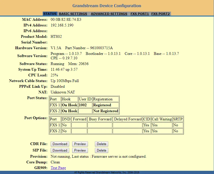 The STATUS page: the adapter address and the Port Status table with the state of the ports