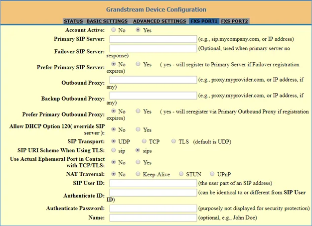 The FXS PORT1 tab in the web interface of the adapter: the account fields
