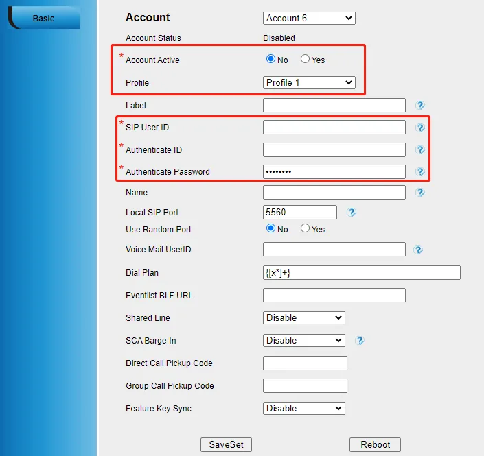 The Account → Basic page of the Htek web interface
