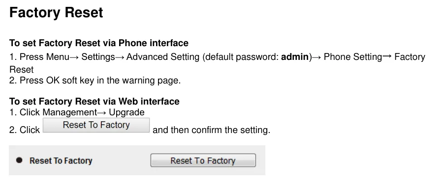 The Factory Reset section of the Htek manual