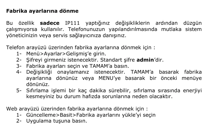 The “Fabrika ayarlarına dönme” section of the manual: reset from the handset and from the web interface