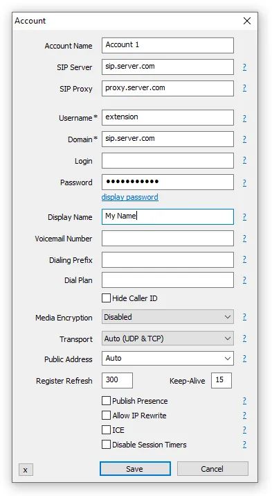 MicroSIP: the Account window — Account Name, SIP Server, SIP Proxy, Username, Domain, Login, Password, Transport, Keep-Alive fields