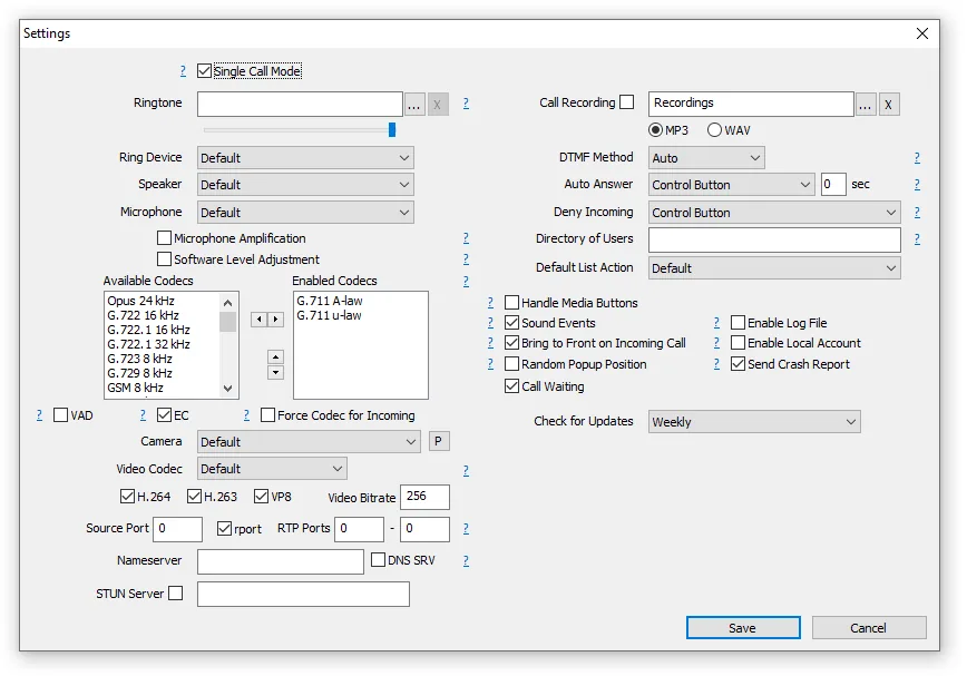 MicroSIP: the Settings window — Ring Device, Speaker, Microphone devices and the Available/Enabled Codecs lists