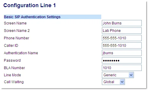 The Basic SIP Authentication Settings block on the Configuration Line 1 page