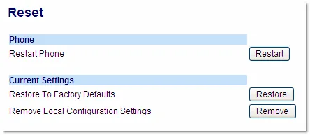 The Reset page in the Mitel Web UI