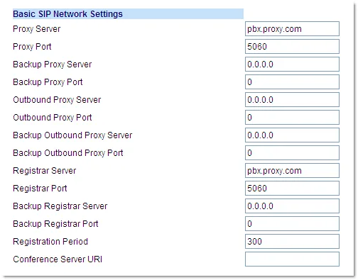 The Basic SIP Network Settings block in the Mitel Web UI