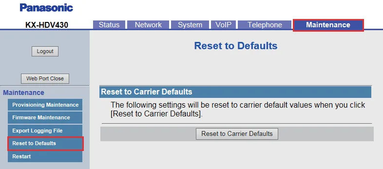 The Maintenance → Reset to Defaults page of the Panasonic web interface with the Reset to Carrier Defaults button
