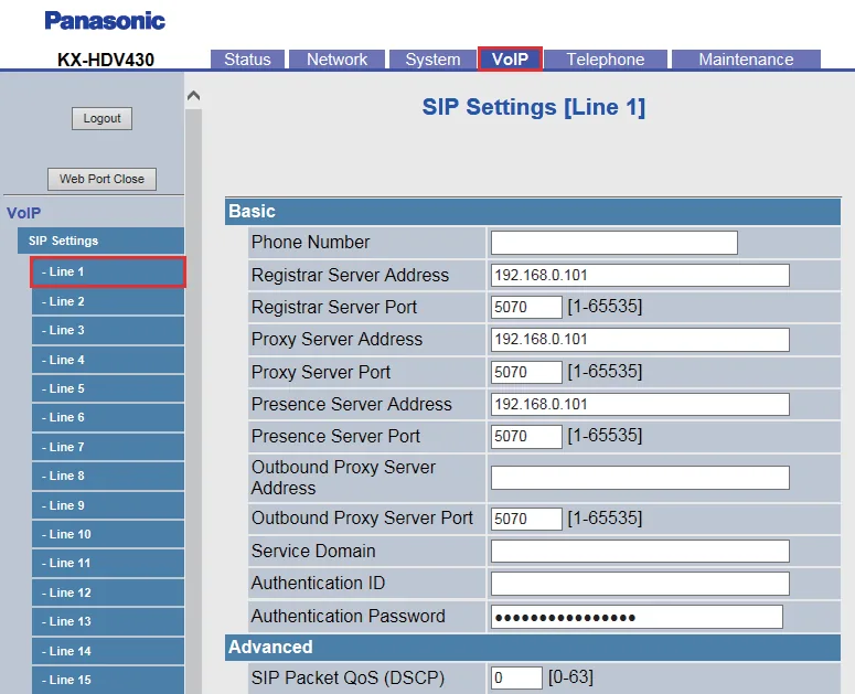 The VoIP → SIP Settings page for the first line in the Panasonic KX-HDV430 web interface