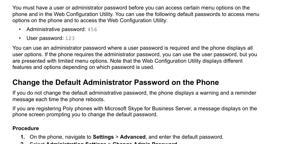 The section of the Poly administrator guide listing the factory passwords 456 and 123
