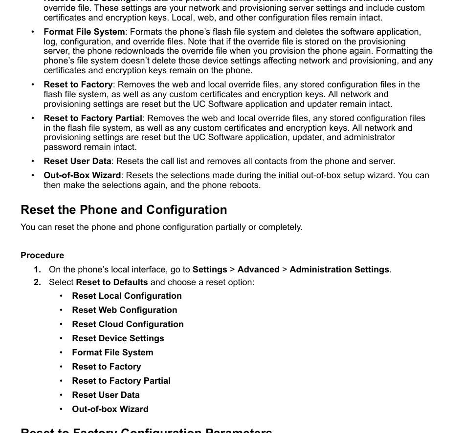 The list of reset options in the Poly administrator guide: Reset to Factory, Reset to Factory Partial and others