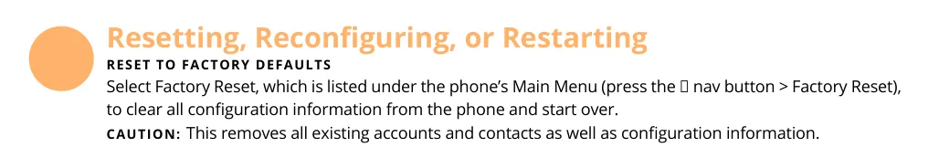 Manual excerpt “Reset to Factory Defaults”: the Factory Reset item in the Main Menu clears all accounts and contacts