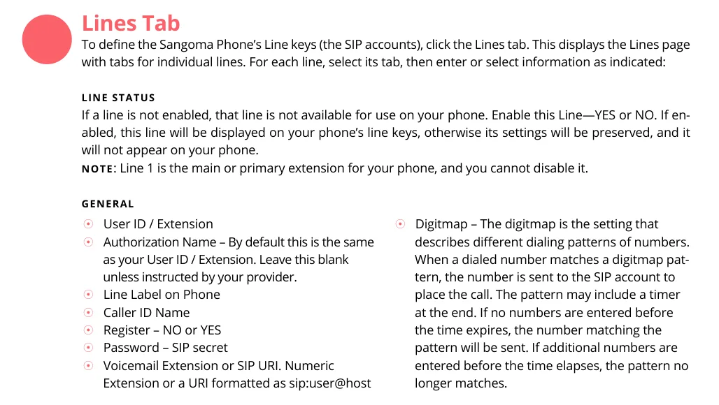 The Lines tab in the web interface: Enable this Line, User ID / Extension, Authorization Name, Register, Password