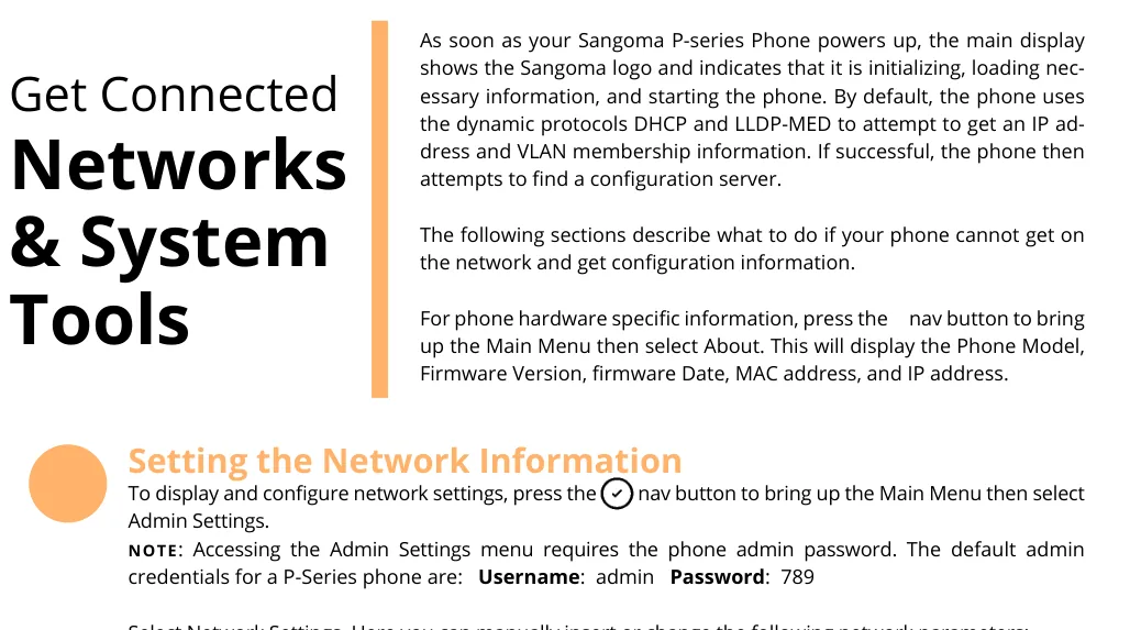 Manual excerpt: the About screen shows the IP address, and entering Admin Settings requires the admin / 789 password