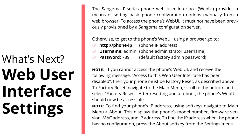Manual excerpt about the web interface: the address, the admin username, the 789 password and what to do when the WebUI is locked