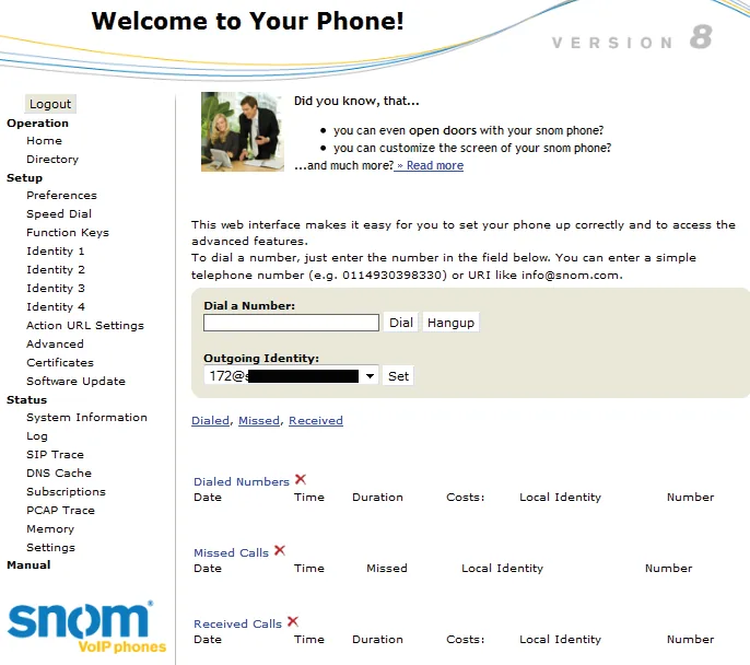 The Snom web interface home page with the Identity 1–4 menu on the left