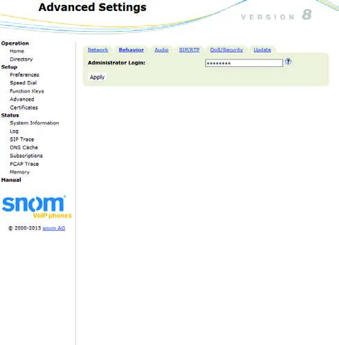 The Snom web interface in user mode: the Advanced page shows only the Administrator Login field